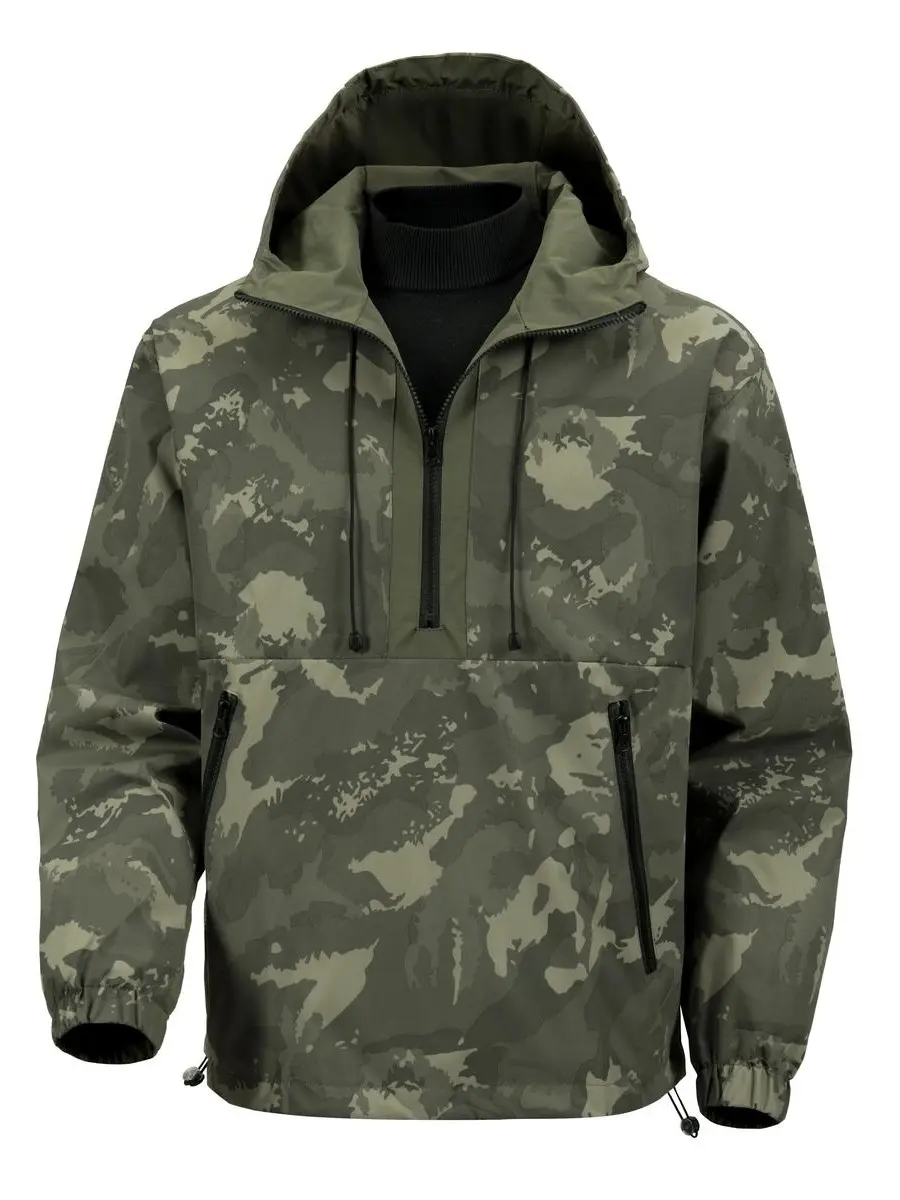 Men's Hooded Jacket, Waterproof Woodland Camo Anorak with Anti-Drop Zips, Lightweight Loose-Fit Tactical Layer for Hiking
