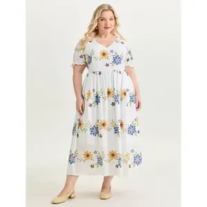 BLOOMCHIC Plus Size Large Floral Print Fit And Flare Midi Dress [M-6X]2026 Summer Vibes Swimweek