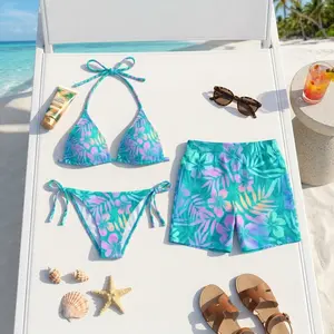[HOT SUMMER 2026] Teal Purple Hibiscus Matching Couple Swimwear Set – Tropical Bikini & Men’s Swim Trunks, Summer Beach Vacation Outfit