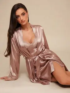 Crews Storer 2026 Women's Satin Robe & Nightgown Set - Lace Trim Long Sleeve Sleepwear Lounge Set