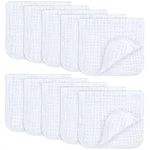 Muslin Burp Cloths 20" x 10", Pack of 10 - Large, 6-Layer, Ultra Absorbent 100% Cotton for Baby Drool and Messes - Soft, Safe & Gentle Baby Burp Cloths for Boys & Girls - White