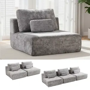 Modular Single Sofa Couch, Beige Plush Velvet No-Assembly Compressed Sofa, Deep-Seat Lounge Chair for Small Spaces Living Rooms Apartments Dorms