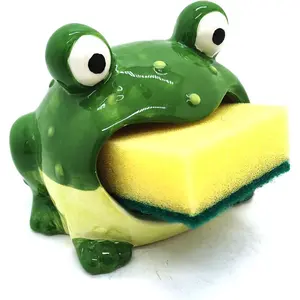 Green Kitchen Decor Cute Ceramic Frog Sponge Holder for Kitchen Sink Ceramic Frog Soap Holder 4.7"  Decor Fun Novelty