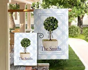 Personalized Boxwood Topiary Garden Flag Custom Family Name Flag Preppy Porch Decor Classic Outdoor Yard Flag Grandmillennial Home Gift