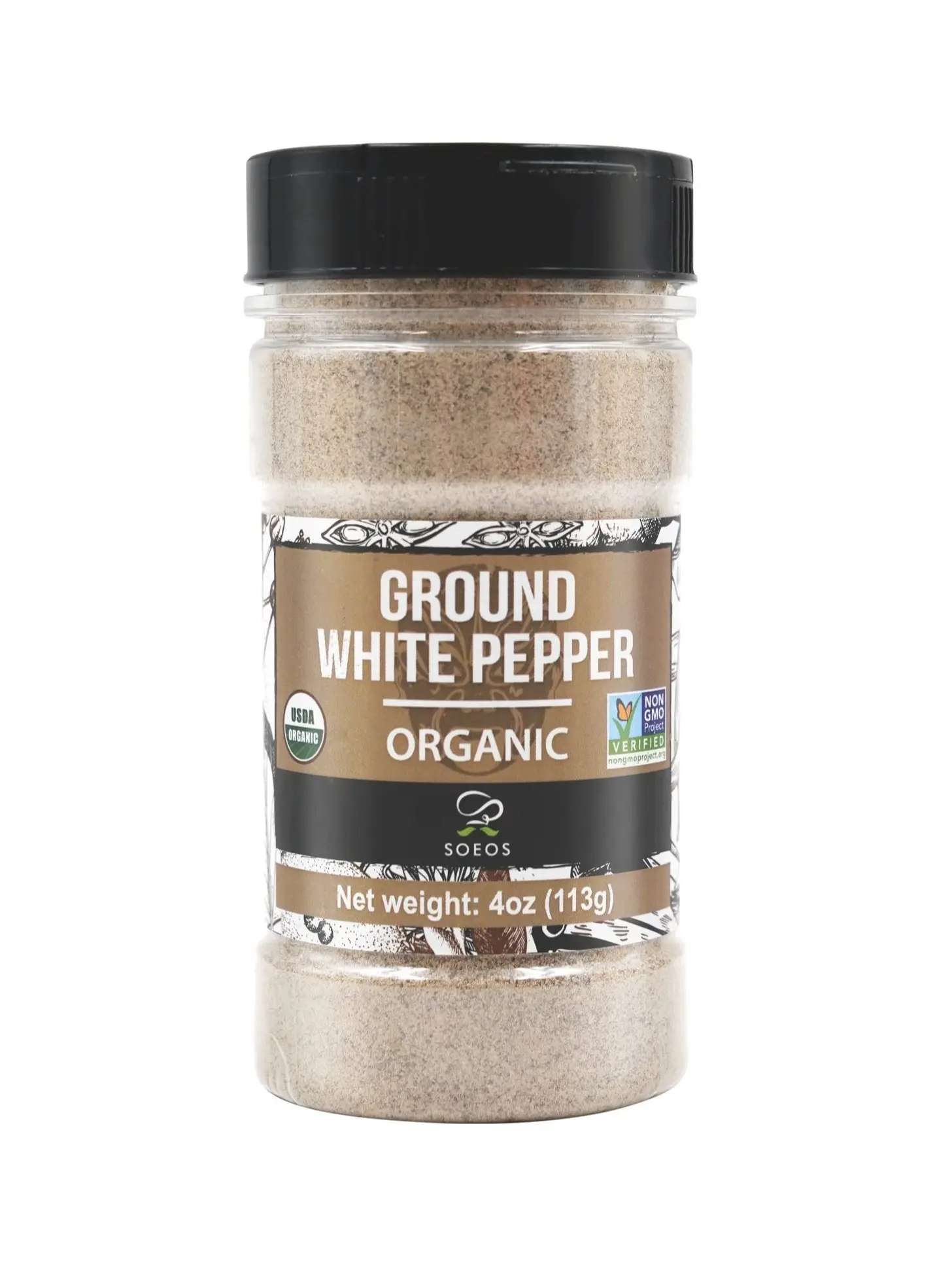 Soeos Organic White Pepper Ground, Non-GMO, Freshly Peppercorn Powder Bulk, Packed To Keep Peppers Fresh, Ready To Use Peppercorns For Refill, 4 oz (113g), Organic Ground White Pepper