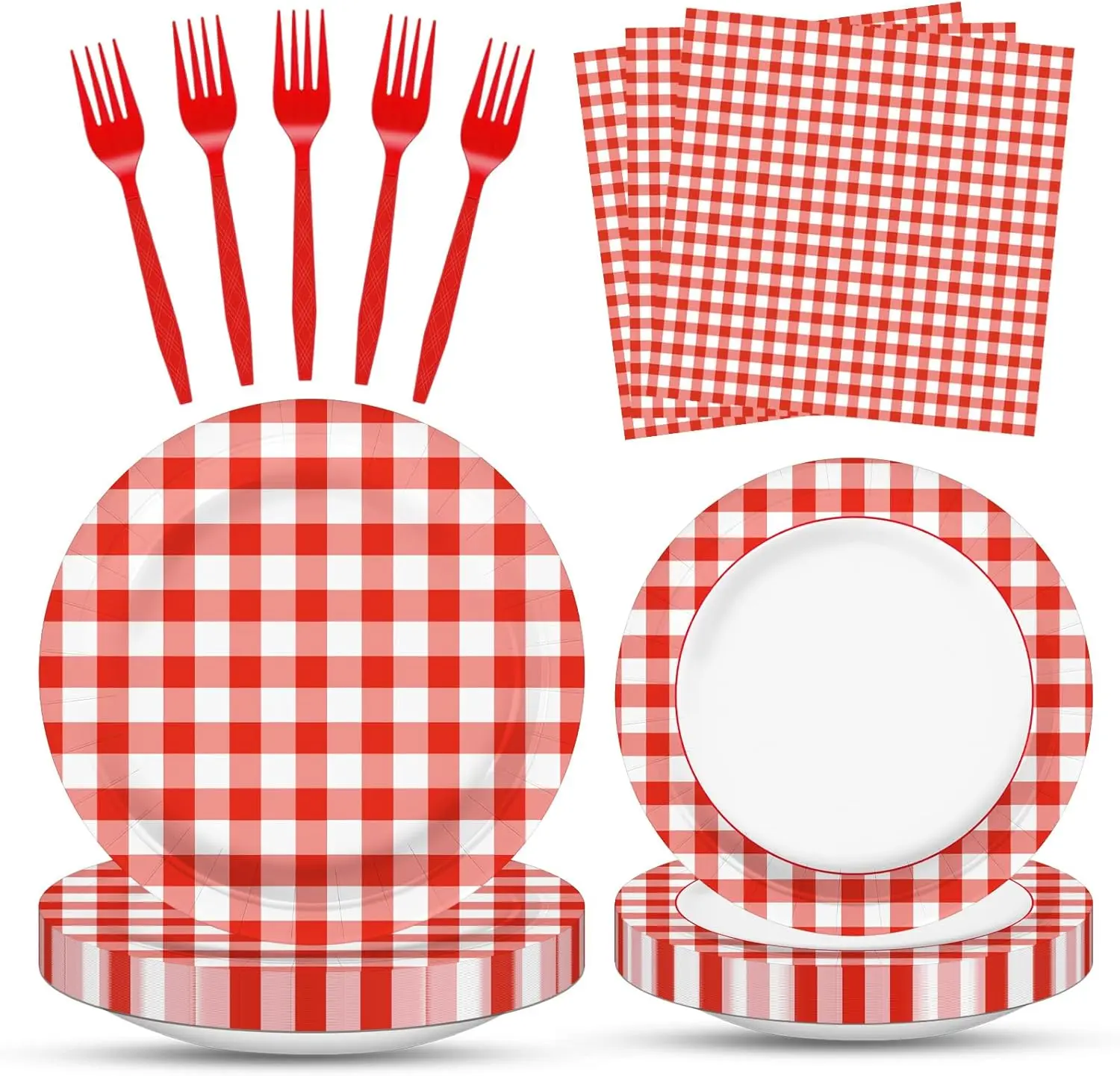 100 Pcs Red White Gingham Party Supplies Set, Serves 25 – Disposable Checkered Paper Plates, Napkins, and Forks, Classic Picnic Themed Tableware for BBQ, Outdoor, Birthday, Holiday Party DecorationsGift..