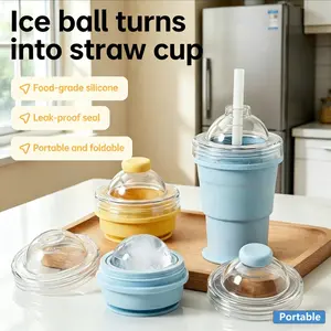 Foldable Silicone Ice Ball Maker Cup with Straw, Food Grade Leak-Proof Travel Mug, Reusable Silicone Ice Cup for Cold Drinks, Camping, Hiking, Summer Outdoor Activities