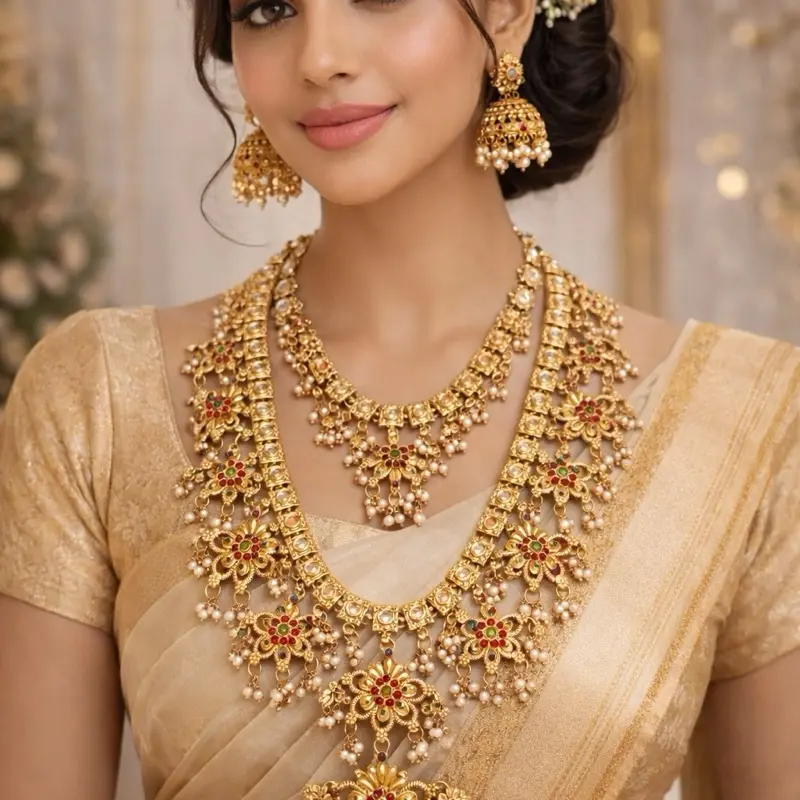 Indian Tradition Necklace Set for Women - Elegant Gold-Tone Beaded Design with Matching Earrings
