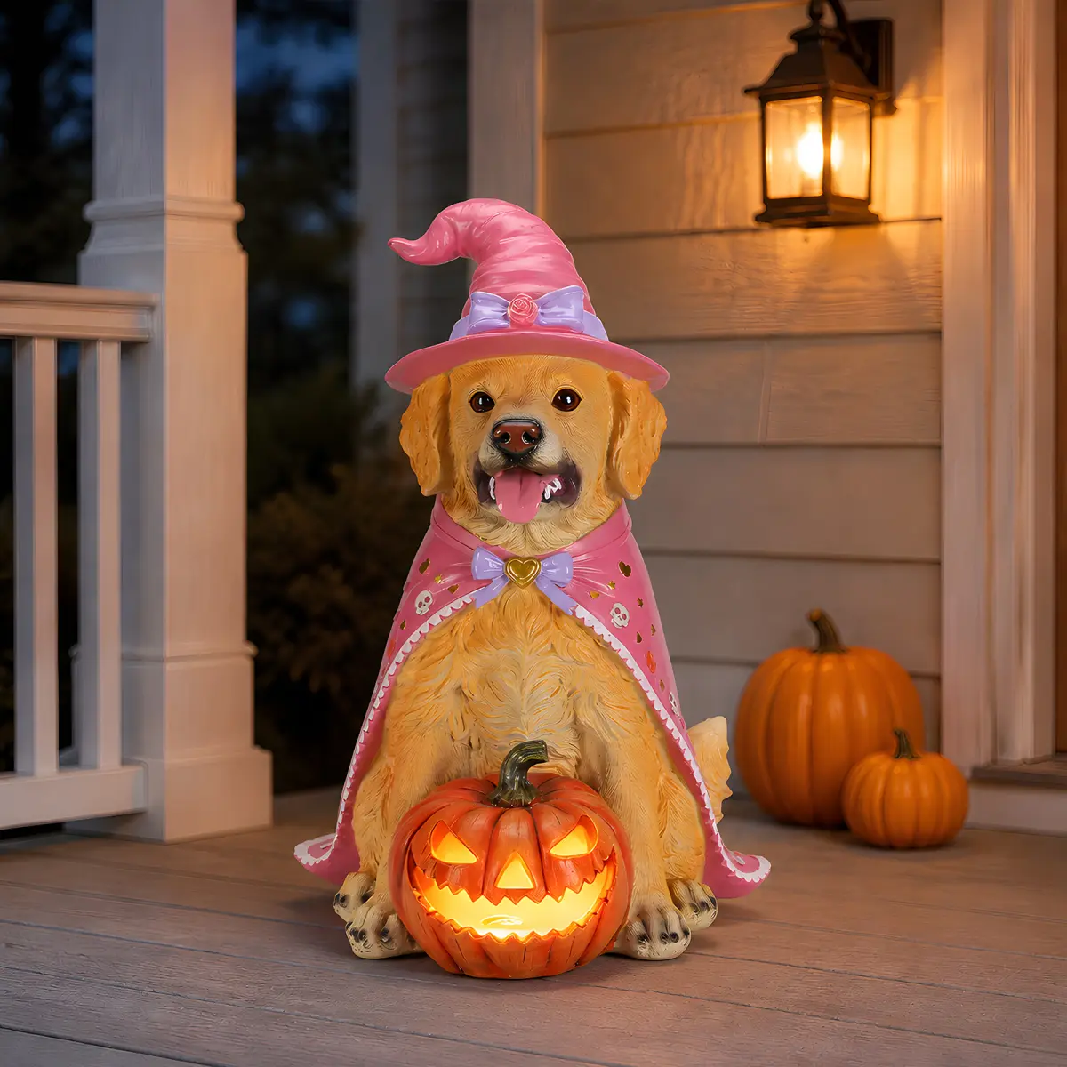Halloween Golden Retriever Dog Statue, Large Sitting Dog Figurine with Pink Witch Hat & Cape, LED Light Up Jack-O-Lantern Pumpkin, Hand-Painted Resin Decorative Sculpture for Indoor Outdoor Home Porch Garden Tabletop Halloween Holiday Party Decor