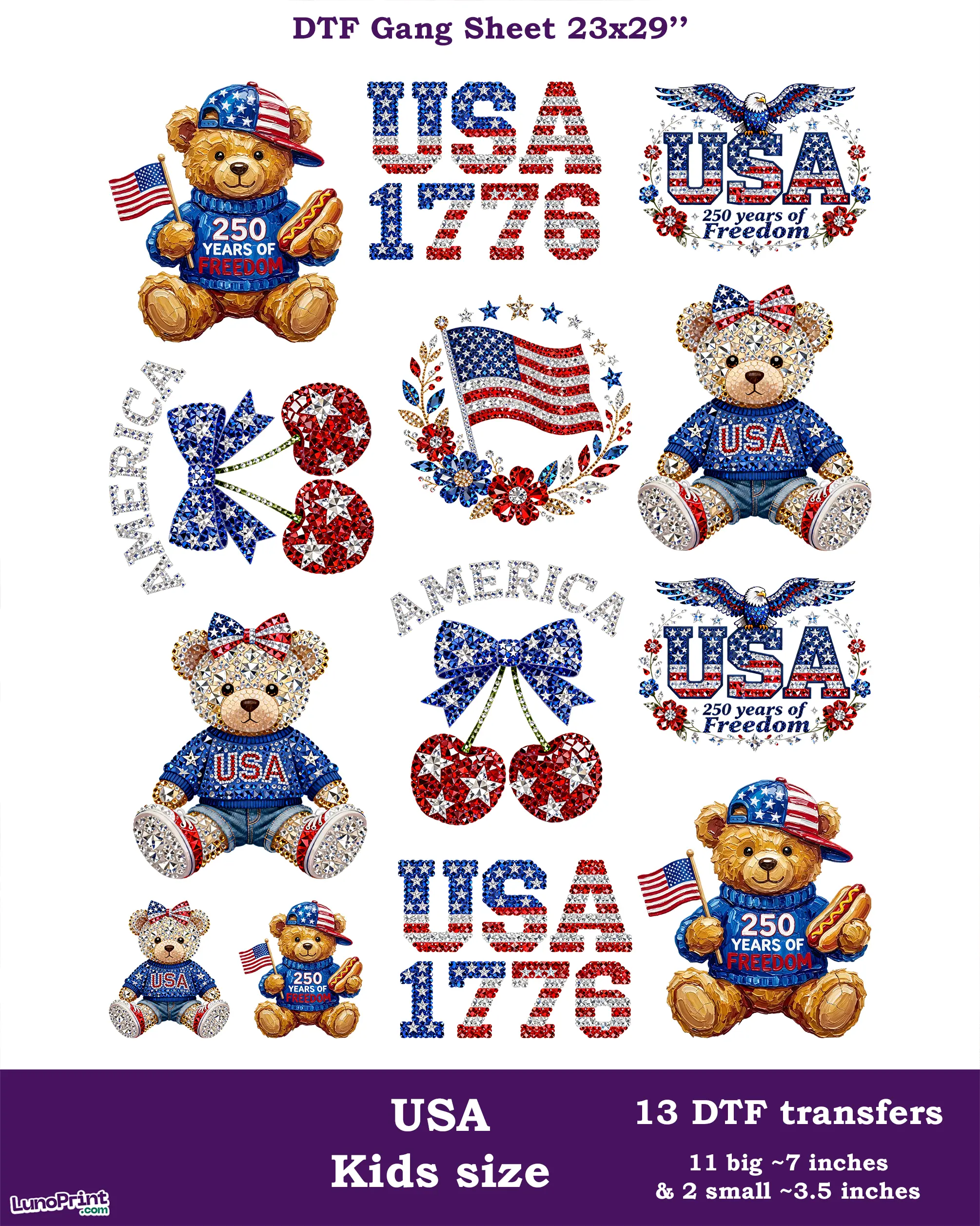 Faux Rhinestone USA DTF Gang Sheet for Kids Faux Rhinestone USA DTF Gang Sheet for Kids