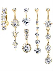 6 Pcs Golden Sparkling Belly Button Ring Set for Women Men Hypoallergenic Stainless Steel Reverse Navel Piercings with CZ Dangle Design Perfect for Summer Beach Rave Daily Wear