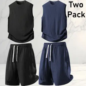 Two-Pack Men's Solid Color Ribbed Sleeveless Tank Top and Shorts Two-Piece Set, featuring an urban minimalist style with a sleeveless and breathable design, suitable for men who pursue comfort for summer homewear or casual outings. Crewneck Clothes tiktok