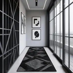 1pc Outdoor Mat, Modern Black and Grey Geometric Design Patio Mat, Simple Elegant Backyard Hallway Long Runner Mat, Anti-Slip Entrance Floor Mat, Artistic Creative Kitchen Corridor Soft Mat with Precision Edging, Machine Washable Decorative Balcony Mat