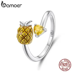 925 Sterling Silver 3D Pineapple Open Ring Yellow Zircon Fruit Band Ring Adjustable for Women Girls Cute Party Love Gift