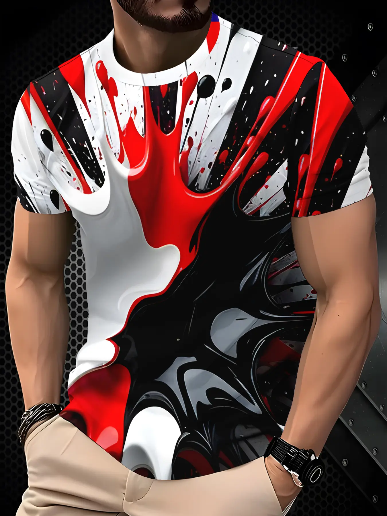Color-Blocked Liquid Graffiti Short-Sleeve T-Shirt for Trendy Men, Loose And Breathable, Featuring an American Street Style And Unique Base Layer
