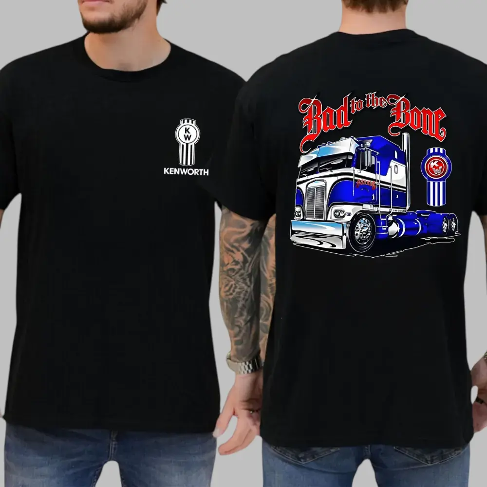 Kenworth Bad to the Bone Shirt – 2-Sided Big Rig Graphic Tee for American Truckers Patriotic USA Diesel Truck T-Shirt Summer Cotton Outfit for Men Y2K Vibe Comfortable Unisex T-Shirt - Casual, Menswear