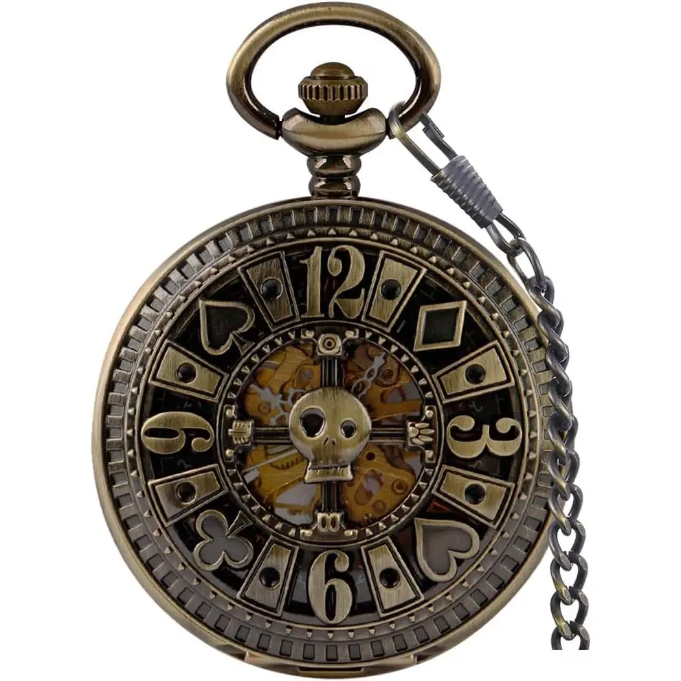 Men's Mechanical Holoow Design Hand Wind Pocket Watch Roman Numerals Steampunk with Chain Box