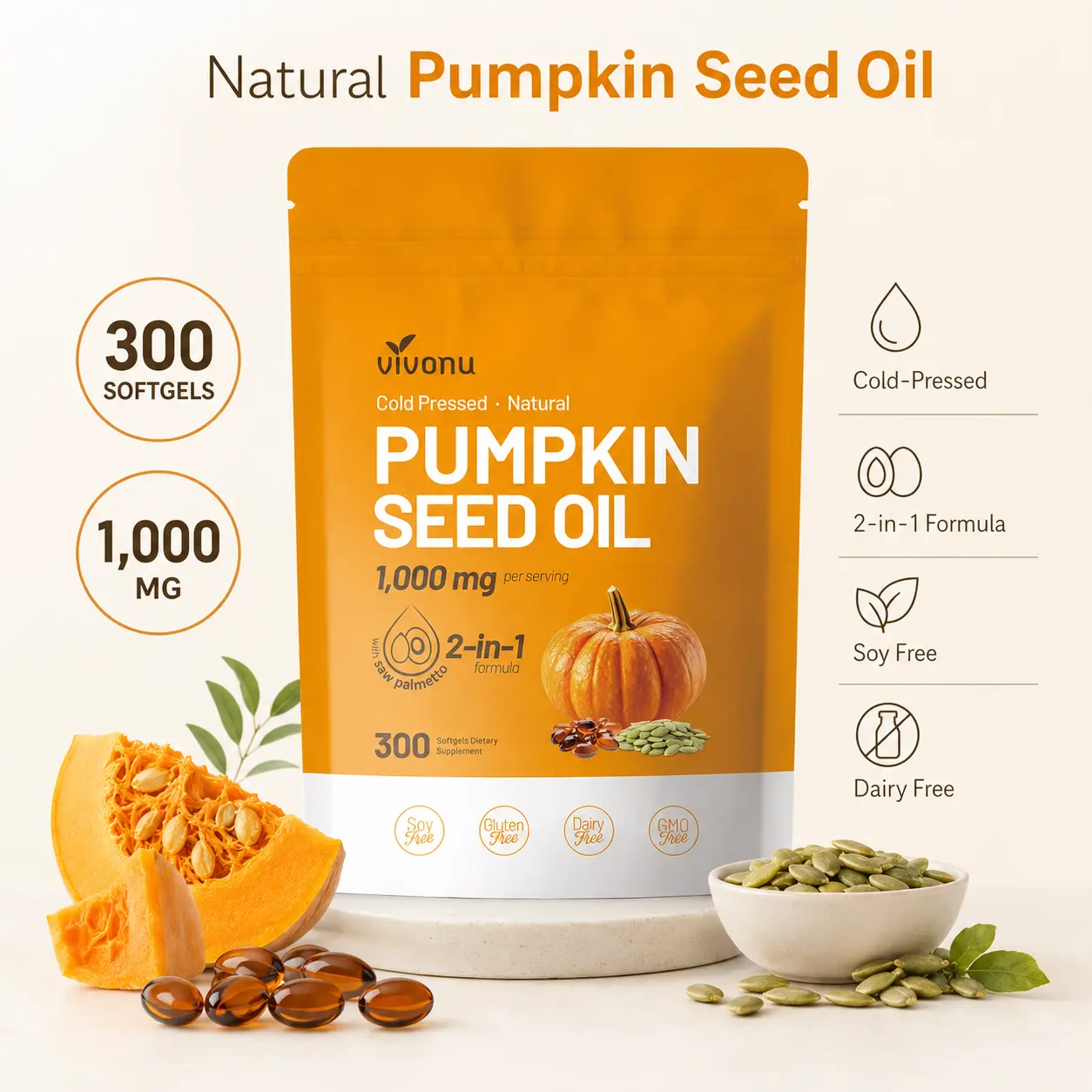 Natural pumpkin seed oil and saw palmetto softgel 1000mg high content plant esters 300 capsules  SummerVibes