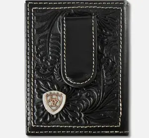 Ariat Men’s Western Money Clip Wallet – Black Floral Embossed Leather