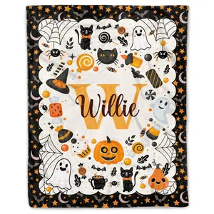CubeBik Personalized Halloween Pumpkin Monogram Name Blanket - Custom Name Halloween Baby Blanket