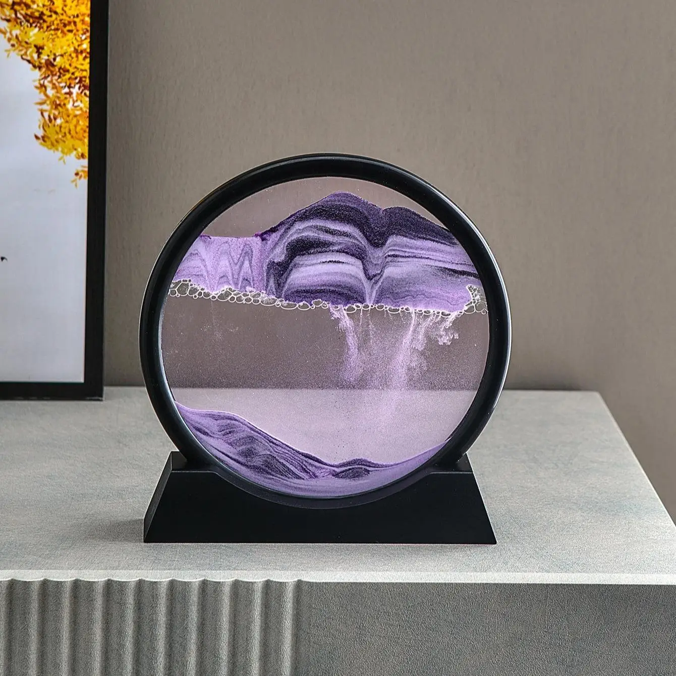 3D Moving Sand Art Decor for Dressers, Round Glass Flowing Sand Home Decor, Living Room Craft Ornament Office Desk Circular Art, Halloween Decor, Deco