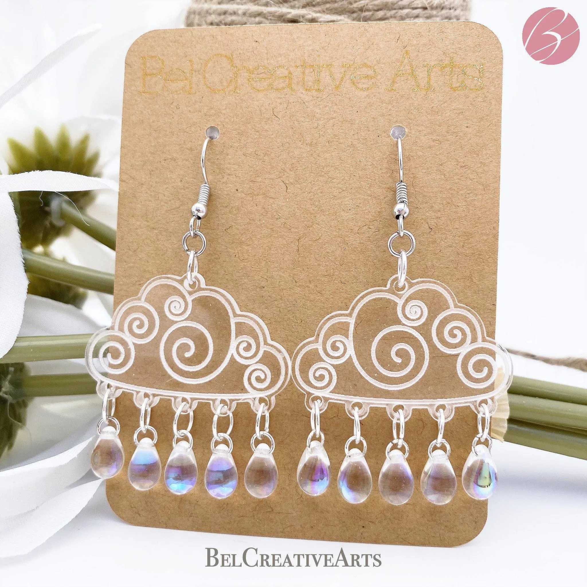 Rainy day cloud earrings, dangle style, hand made in USA