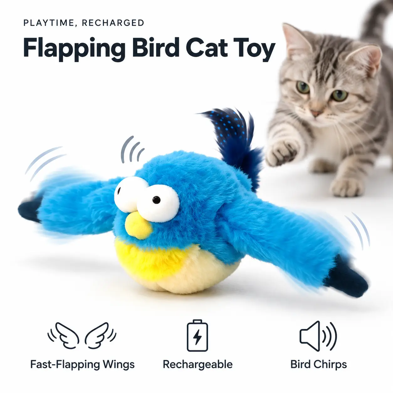 Interactive Catnip Bird Cat Toy - Blue, Flapping Wings, Touch-Activated, Chirping Sound, Non-Flying, Rechargeable, for Kittens, Interactive Toy