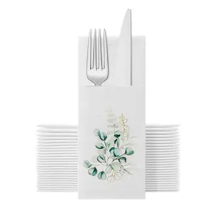 JINYUDOME Valentine's Day Disposable White Pocket Napkins 13x15.75in with Built-in Flatware PreFolded for Wedding Party Events