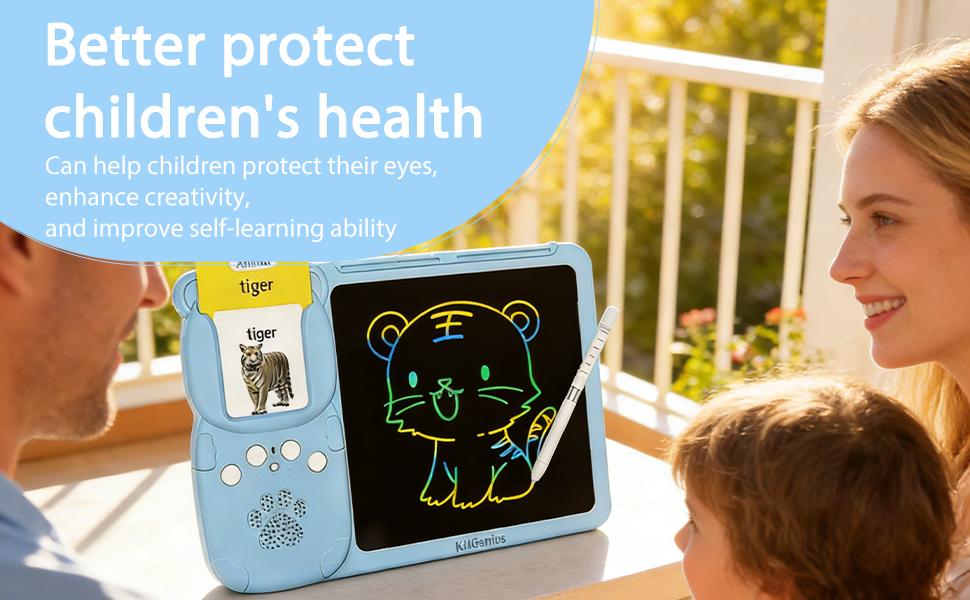KIDGENIUS LCD Writing Tablet for Kids Ages 3-7 with 255 Flashcards 510 Words Interactive Educational Learning Pad with Sound English Spanish Vocabulary Cards Outdoorfun Feature Animal Themes Ideal Birthday Gift