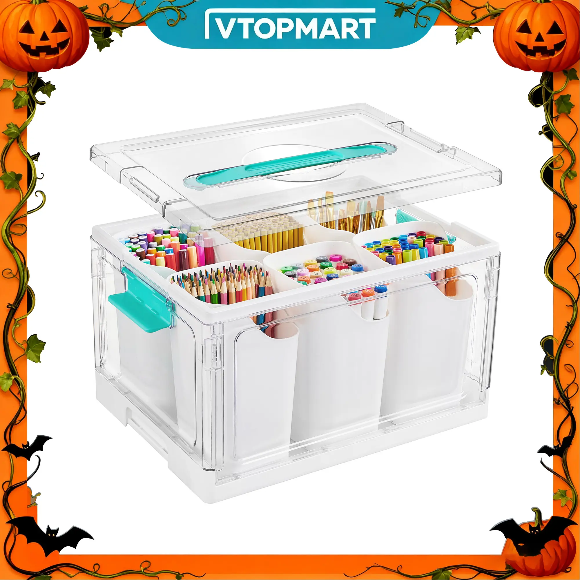 【Art Supply Station】Vtopmart 1/2 Pack 24QT Rectangle Clear Plastic Craft Storage Box with 6 Detachable Inserts, Collapsible Flexible Sorting,  Multifunctional & Lockable Containers for Art Tools Crayons Pencils Markers Makeup, Halloween GiftIdea