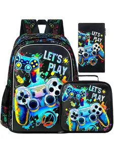 Gamer Backpack 3-Piece Set for Boys, Includes School Bag, Lunch Bag & Pencil Case, Preppy Style with Video Game Controller Print, Trendy Backpack