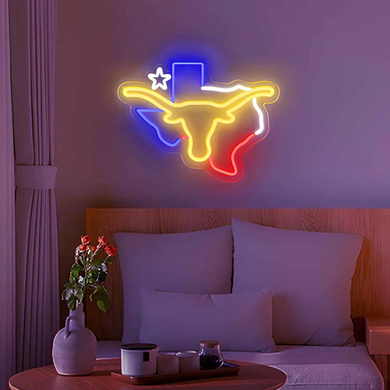 ROSNEK Texas Longhorn LED Neon Sign, State-Shaped Star-Design USB-Powered Wall Light, Western-Style Unique Aesthetic Room Decor, Red-White-Blue-Yellow Father's Day Gift for Bar Game Room, Household Items Decoration, Western Accessories