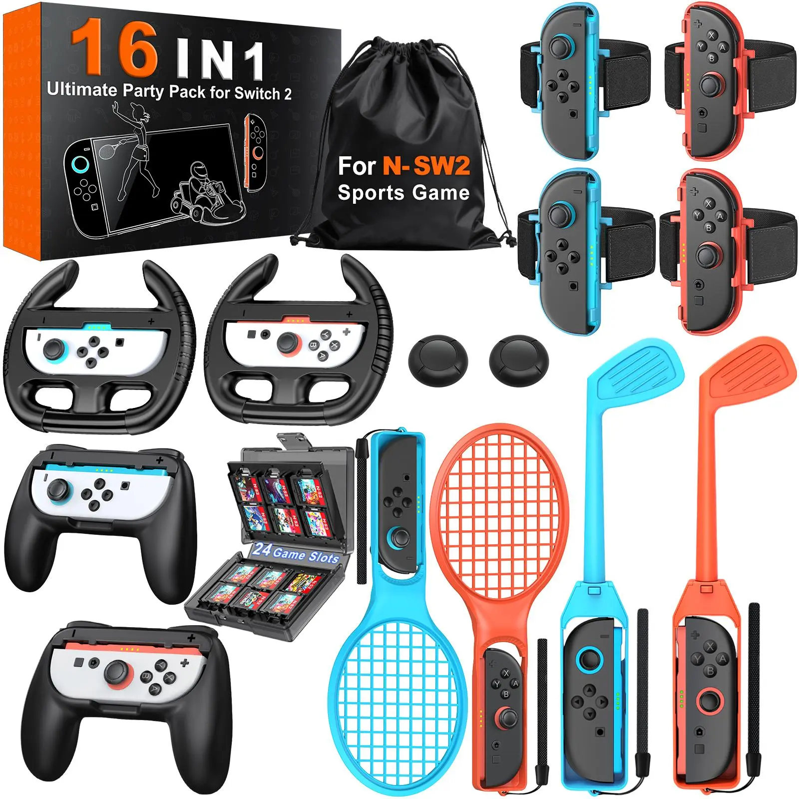 BEBONCOOL 16-in-1 Durable Portable Protection Game Accessories Bundle 2025 for Nintendo Switch 2, Including Golf Clubs, Tennis Rackets, Steering Wheels, Wrist Straps, Leg Straps, Joystick Grips, Controller Card Case & Storage Bag