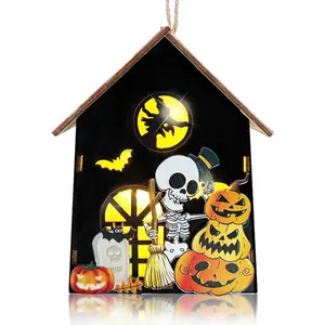 Halloween Wooden Table Sign with Led Lights-Light Up 3D Skeleton Halloween Indoor Decorations-Fall Centerpieces for Haunted House Farmhouse Tabletop Tiered Tray (Black)