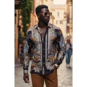 The Rage Look Rhinestone Long Sleeve Shirt Slim Fit Menswear Leopard Floral Fabric Print