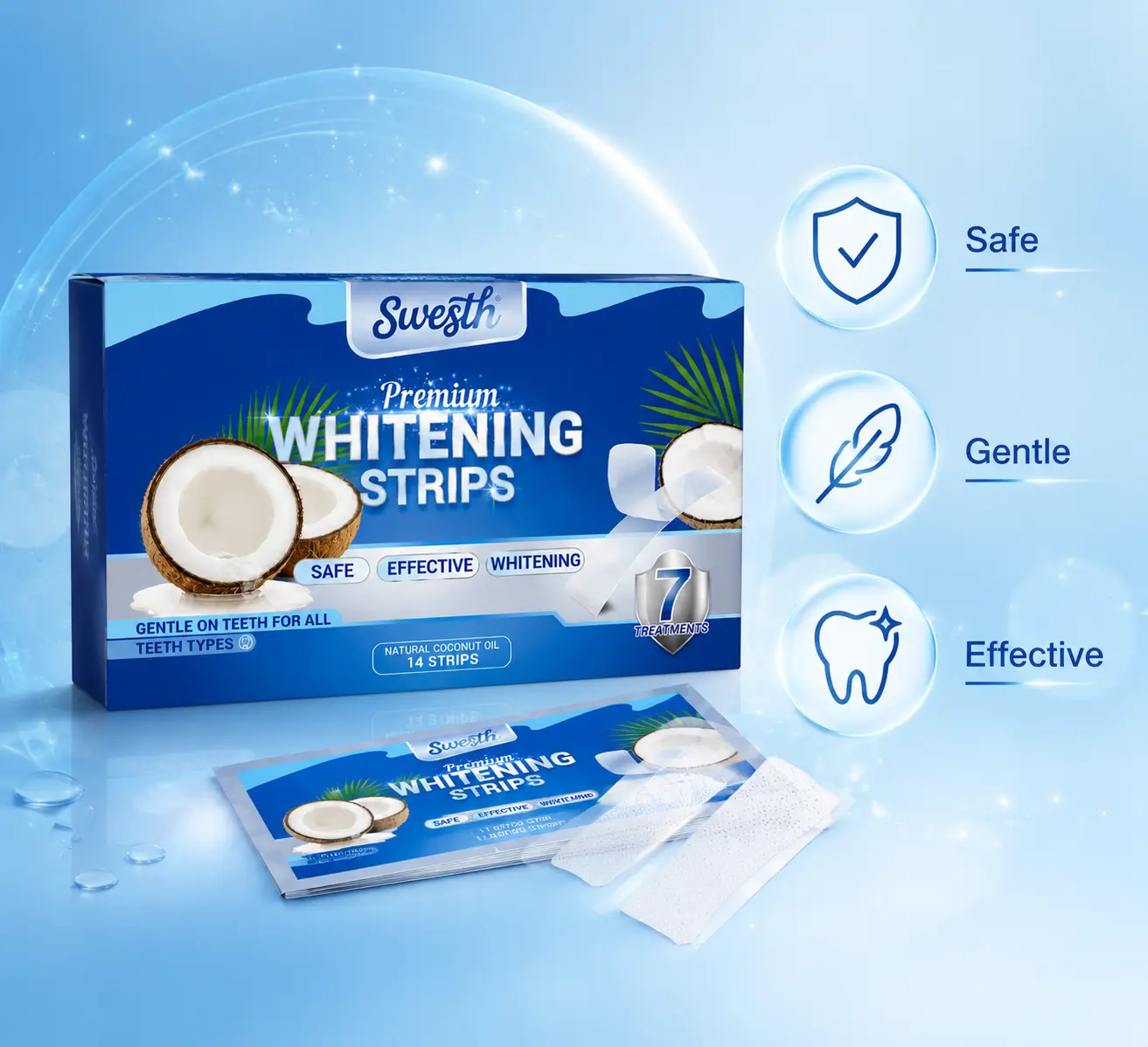 Swesth Teeth Whitening Kit with 7 Whitening Sessions - Non-Sensitive Formula with Natural Coconut Oil - Non-Slip Dry Strip Technology - Gentle on Enamel