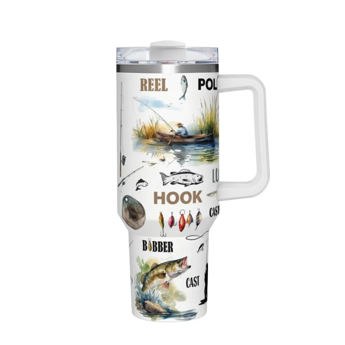 Insulated Fishing Watercolor Collage Tumbler for Anglers - Bass Boat Fisherman Art, Lure Hook Reel Bobber Design, Anti-Slip Handle, Portable Reusable Drinkware Bottle with Lid for Daily Commute
