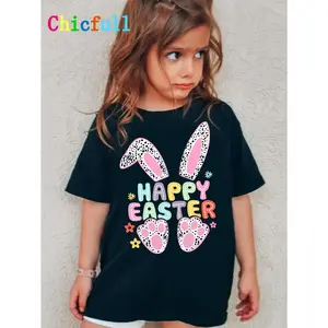 Easter Girl HAPPY EASTER Polka Dot Bunny Ear Print Casual Round Neck Versatile T-Shirt