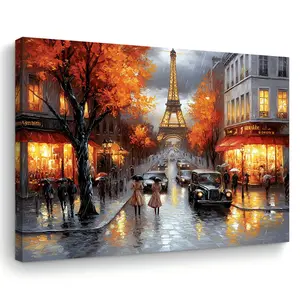 Room Decoration 1 Piece Eiffel Tower Street Scene Wooden Frame Canvas Art, 29.97x 39.88cm , Vintage Paris Wall Art Decoration, Fabric Home and Office Decoration, Ideal Bachelorette Party Gift