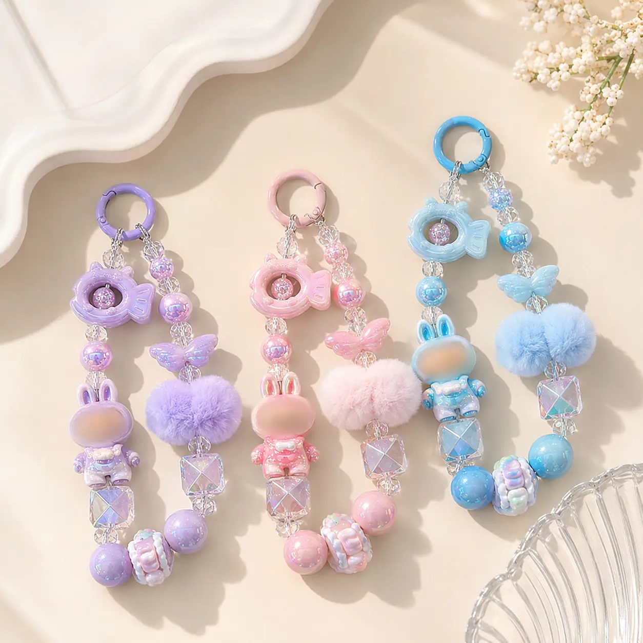 Kawaii Beaded Phone Charm Keychain, Cute Pastel Phone Pendant with Butterfly Candy Pom Pom Charms, Detachable Phone Lanyard Accessory for Women Girls, Keys Backpack Purse Decor