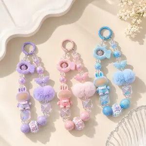 Kawaii Beaded Phone Charm Keychain, Cute Pastel Phone Pendant with Butterfly Candy Pom Pom Charms, Detachable Phone Lanyard Accessory for Women Girls, Keys Backpack Purse Decor