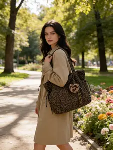 American Retro Leopard Print Tote Bag for Women Large Capacity Shoulder Bag with Cute Plush Pendant Versatile Daily Bag for Students Commute and School