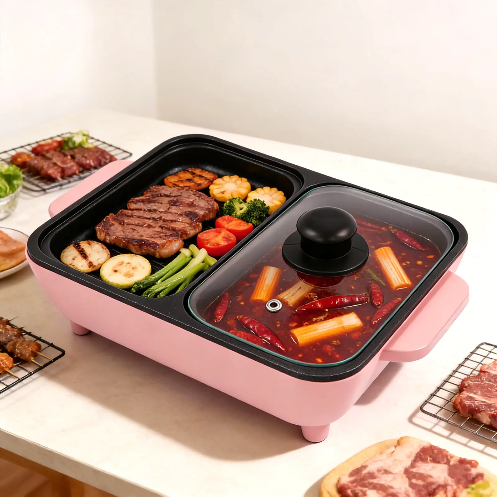 SHANGMAKEL 2-in-1 600W Multifunctional Cooker - Non-Stick Tabletop Hotpot Grill, 29x22cm Modern Style Kitchen Appliance with All Accessories for Steak, Home Use, Dual Cooking