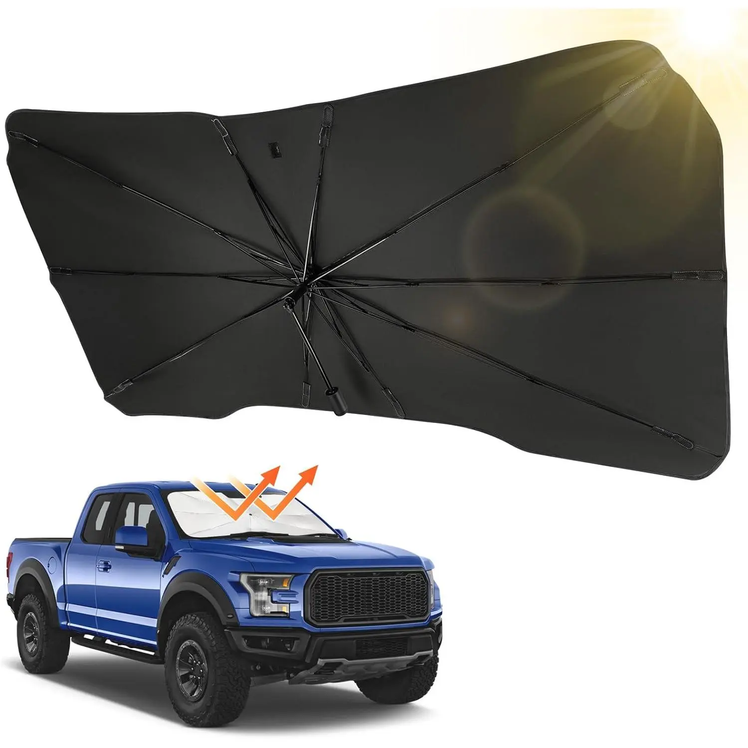 Windshield Sun Shade Umbrella, UV Protective Sunshade for Ford 2015-2024 F150 F250 F350, 360° Rotating Bendable Shaft, 61''x30'' Size, Titanium Silver Coating, High Refractive Index, All Seasons Car Front Window Cooler