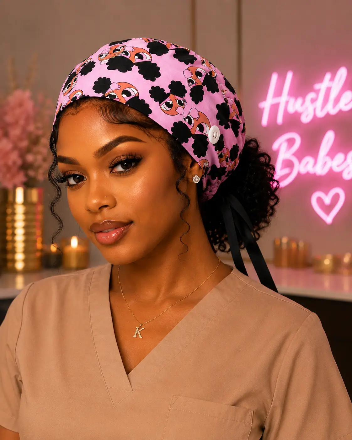 Pink Cartoon Ponytail Scrub Cap