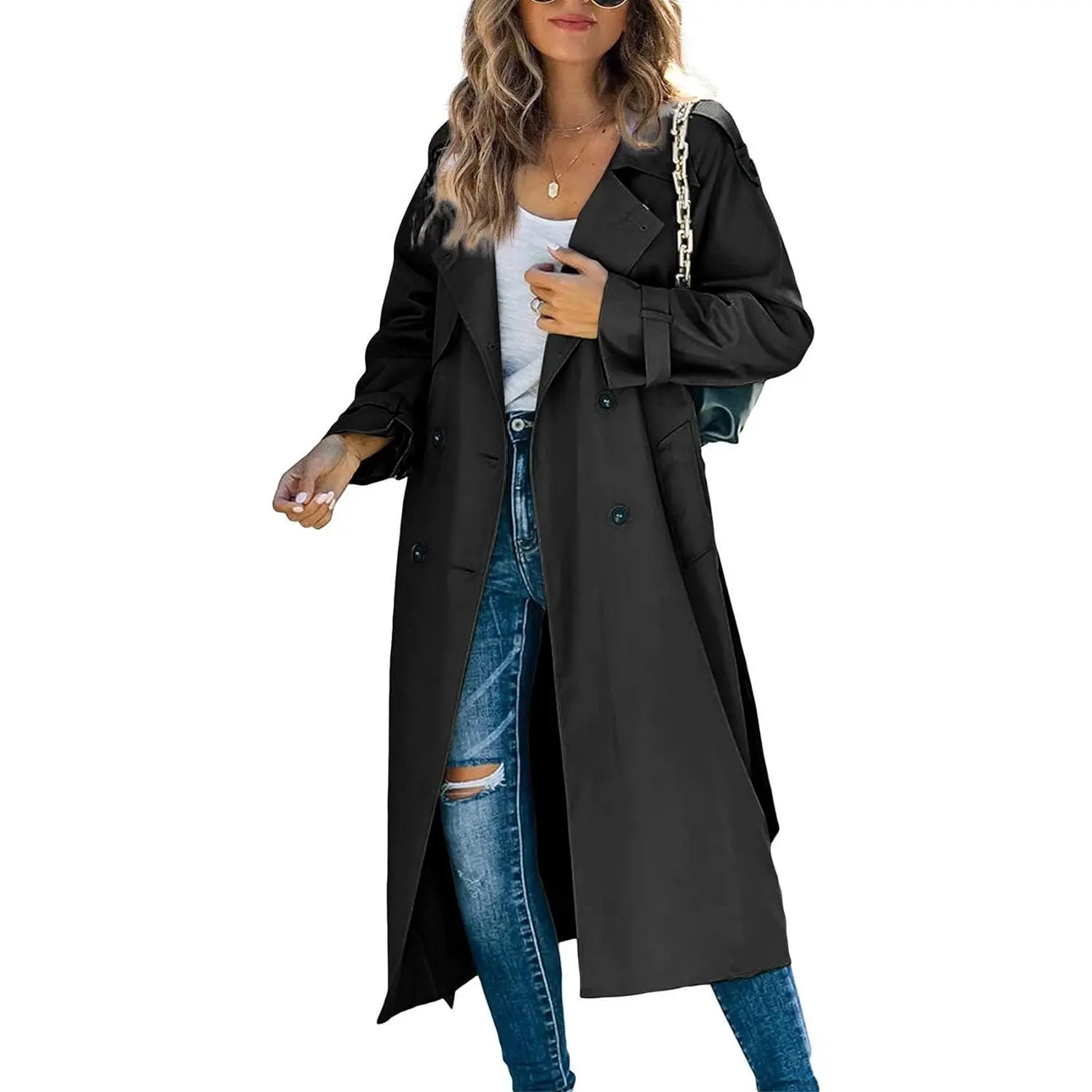 Imily Bela Women's Double Breasted Long Trench Coat Windproof