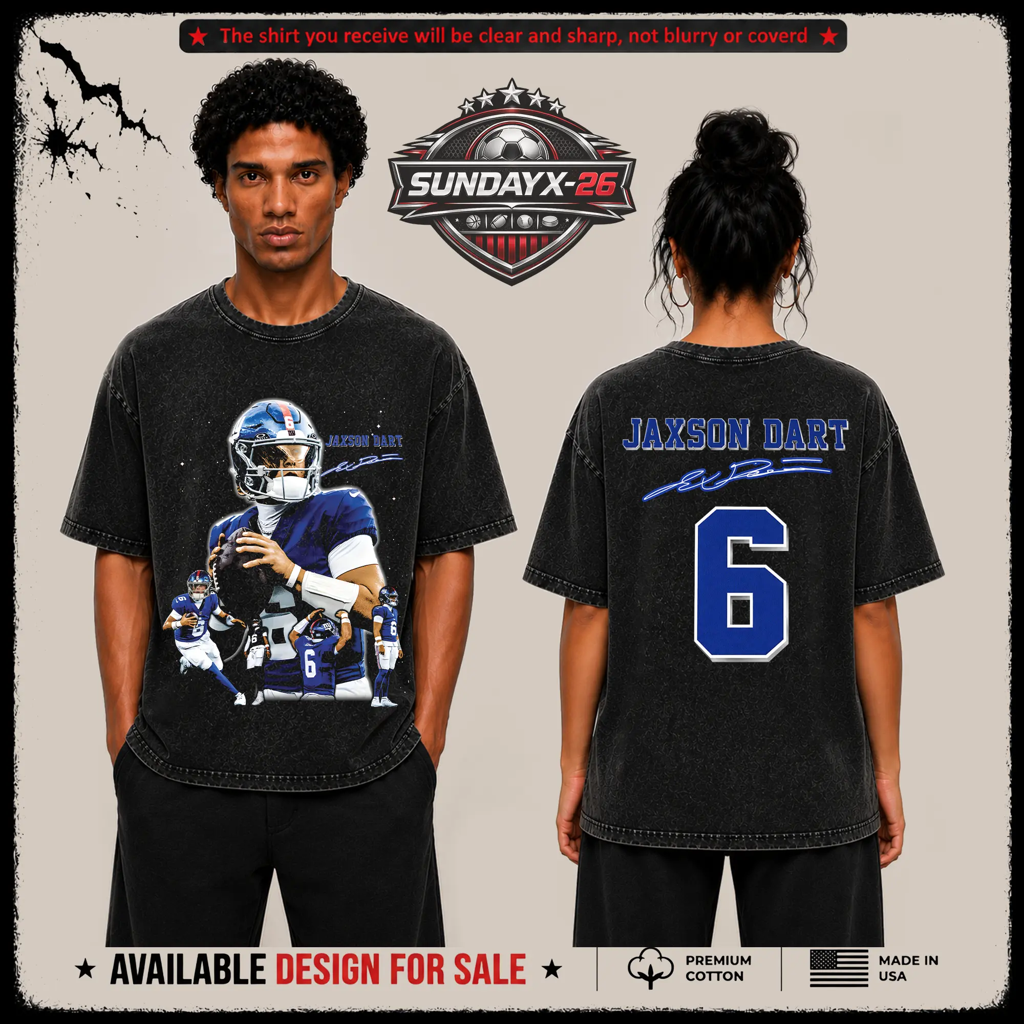 [X-26] Jaxson Dart 6 Bootleg Premium Acid Washed T-Shirt, Giants Football Fans Fits High Quality 100% Cotton Shirt, Giants Nation, Big Blue Outfit, Gift for Football Fans, Boyfriend