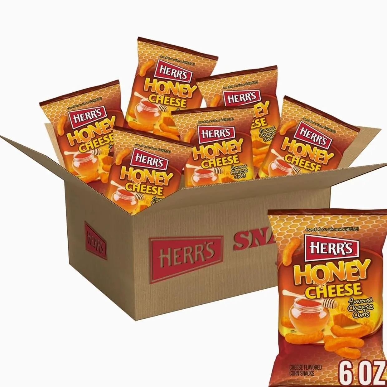 Herr’s Cheese Curls, Honey Cheese Flavored, Gluten Free Snacks, 6oz Bag (6 Count)