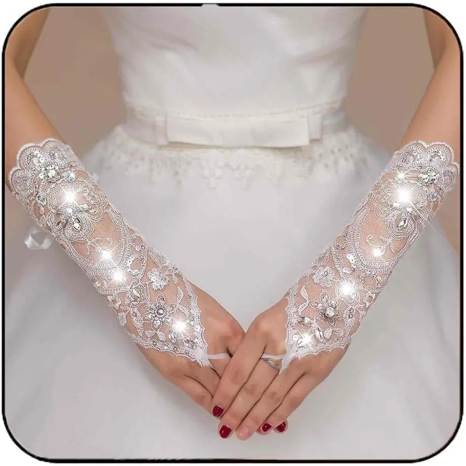 Bridal Gloves for Women in Elegant White Lace, Fingerless Arm-Length Design with Rhinestones and Sequins for Weddings, Lace Fabric