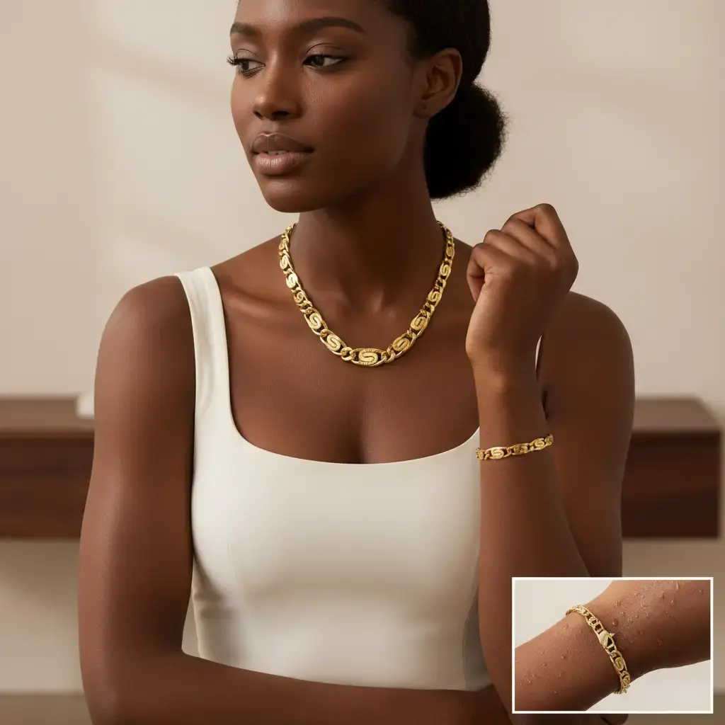 Amtiari Dynasty Set – High Quality 14K Gold Plated Chain & Bracelet, 18” Necklace and 7.5” Bracelet for Daily Use